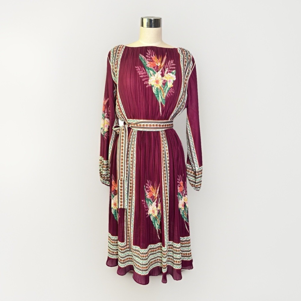 Vintage 70s Floral Burgundy Dress Midi Secretary S
